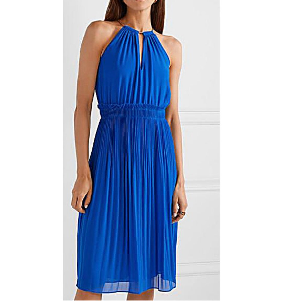 Michael Kors Georgette Pleated Halter dress, grecian blue, chain neckline, sz S